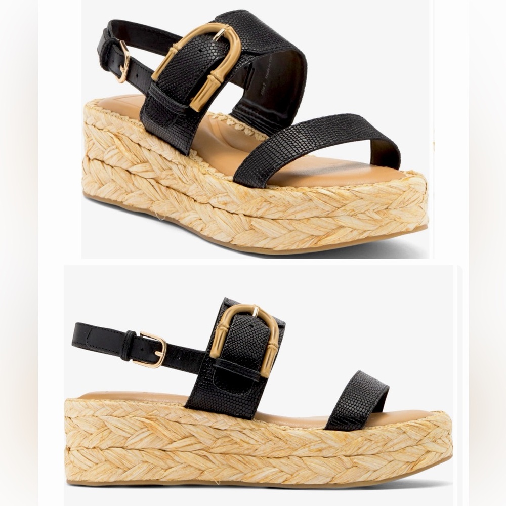 NWT DOLCE VITA black leather mini platform slingback wedge shoes gold buckle 7